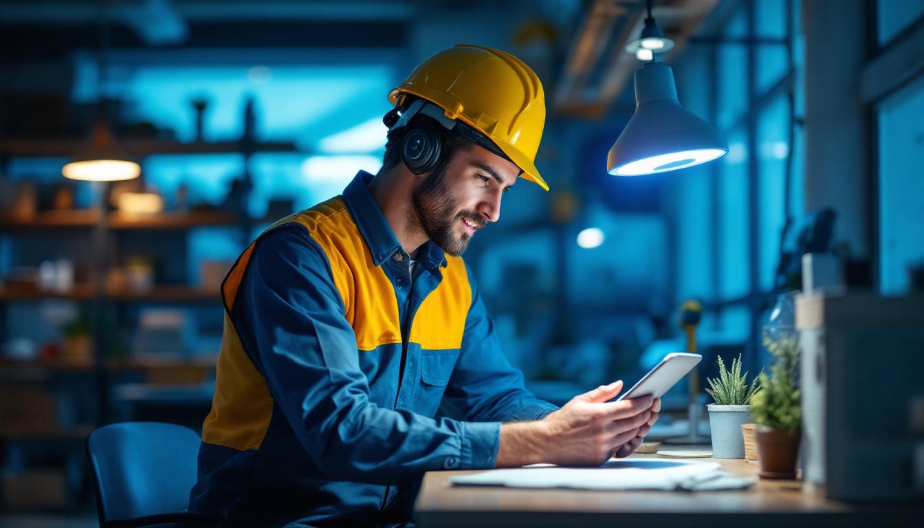 A photograph of a lighting contractor examining a uv disinfection lamp in a well-lit workspace