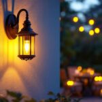 A photograph of a beautifully designed outdoor wall lamp or sconce illuminating a cozy patio or garden setting at dusk