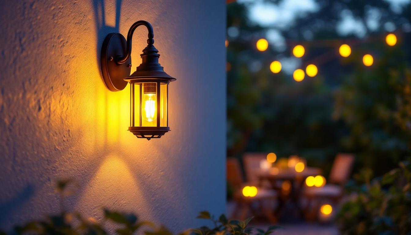 A photograph of a beautifully designed outdoor wall lamp or sconce illuminating a cozy patio or garden setting at dusk