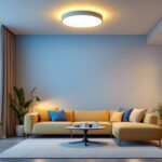 A photograph of a stylish and modern led flush ceiling light installed in a well-lit