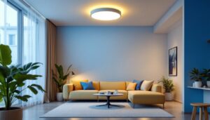 A photograph of a stylish and modern led flush ceiling light installed in a well-lit