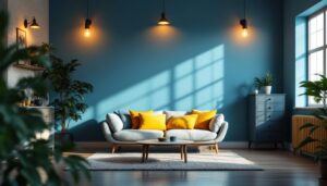 A photograph of a beautifully styled interior space featuring barn lights