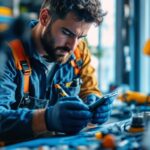 A photograph of a skilled lighting contractor carefully installing house wiring connectors