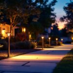 A photograph of a well-lit driveway at dusk