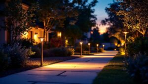 A photograph of a well-lit driveway at dusk