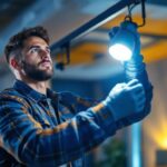 A photograph of a skilled lighting contractor expertly replacing a track lighting bulb in a stylish