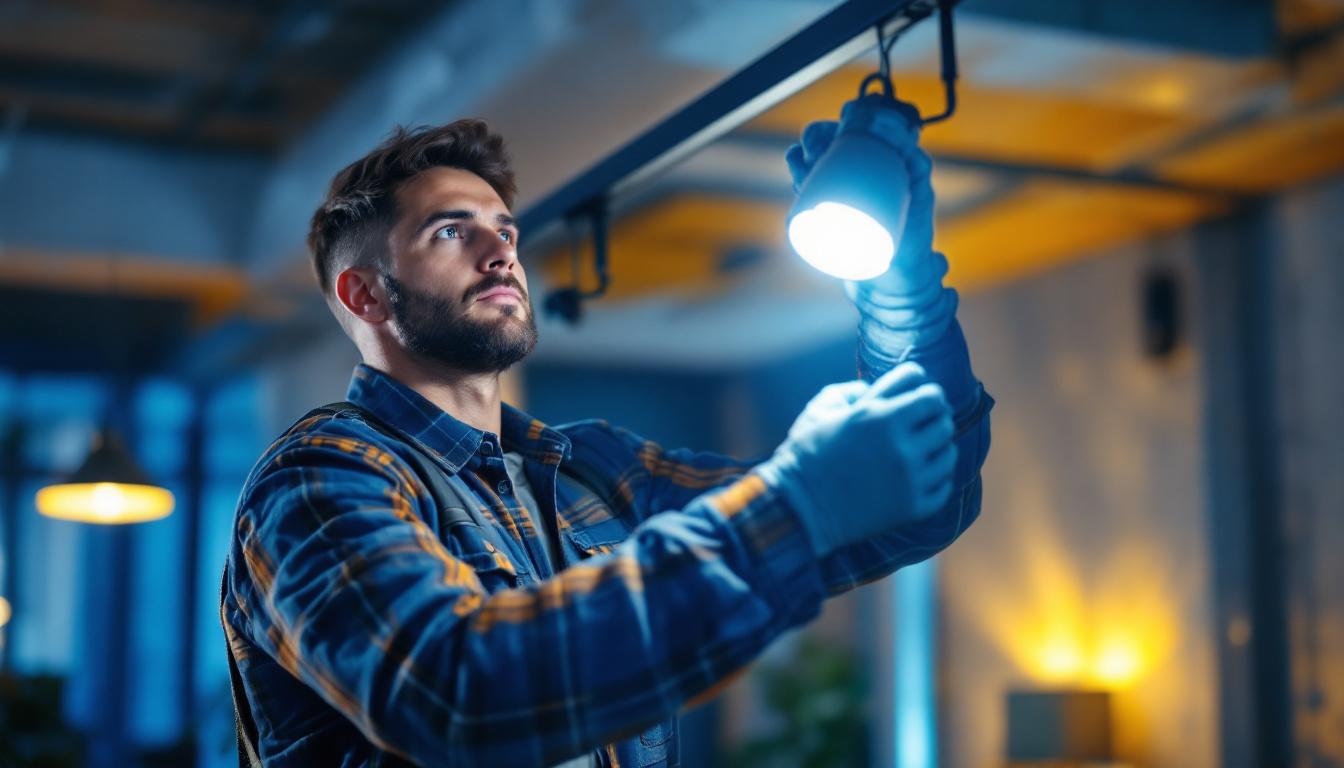 A photograph of a skilled lighting contractor expertly replacing a track lighting bulb in a stylish