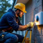 A photograph of a lighting contractor installing an outdoor time switch in a residential setting