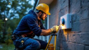 A photograph of a lighting contractor installing an outdoor time switch in a residential setting