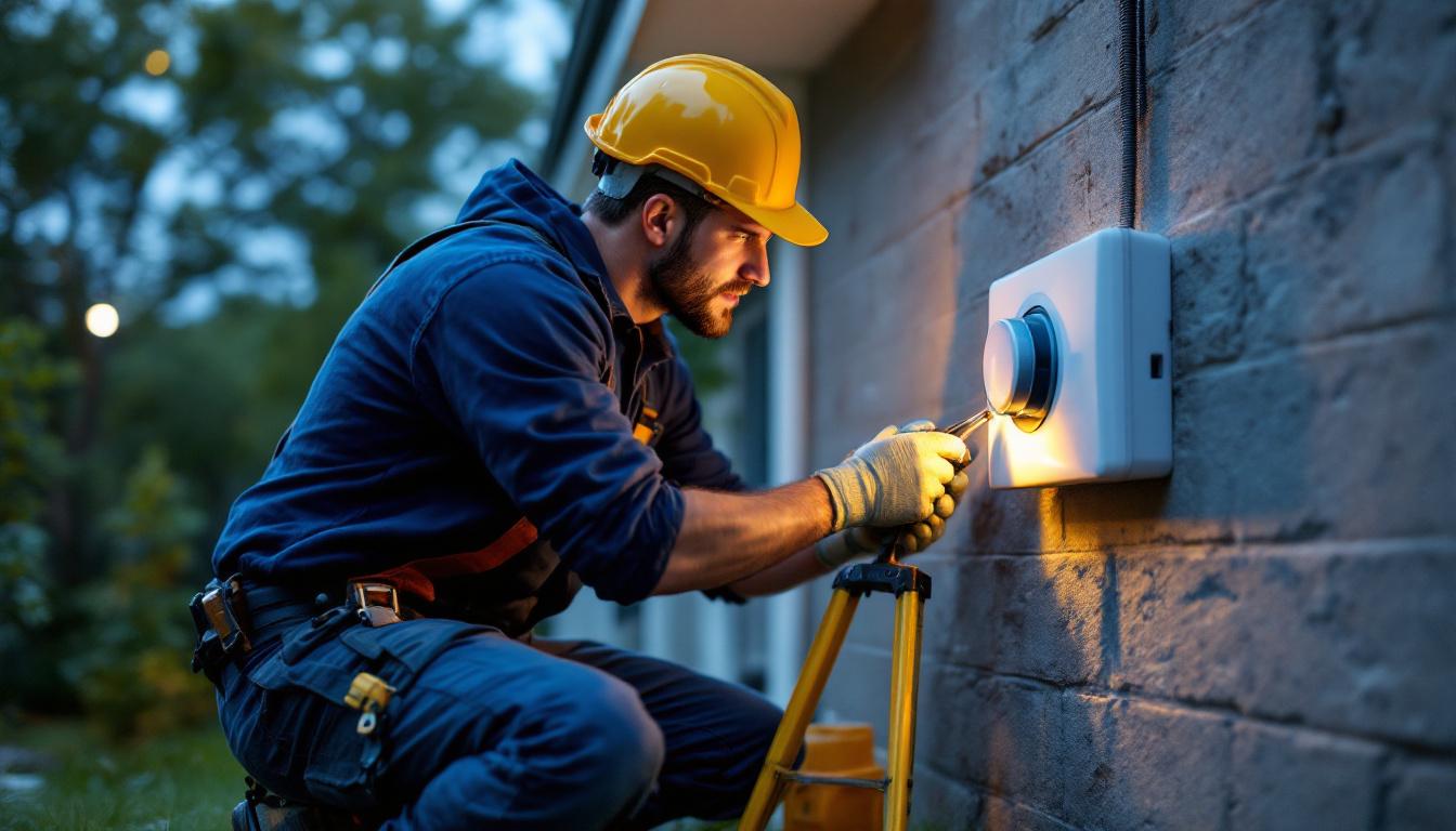 A photograph of a lighting contractor installing an outdoor time switch in a residential setting
