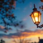 A photograph of a beautifully restored vintage lamp post illuminated at dusk