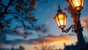 A photograph of a beautifully restored vintage lamp post illuminated at dusk