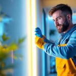 A photograph of a lighting contractor skillfully installing a vibrant led strip tube in a modern interior space