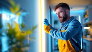 A photograph of a lighting contractor skillfully installing a vibrant led strip tube in a modern interior space