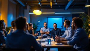 A photograph of a well-lit indoor training session where a diverse group of team members is engaged in a discussion about lighting techniques