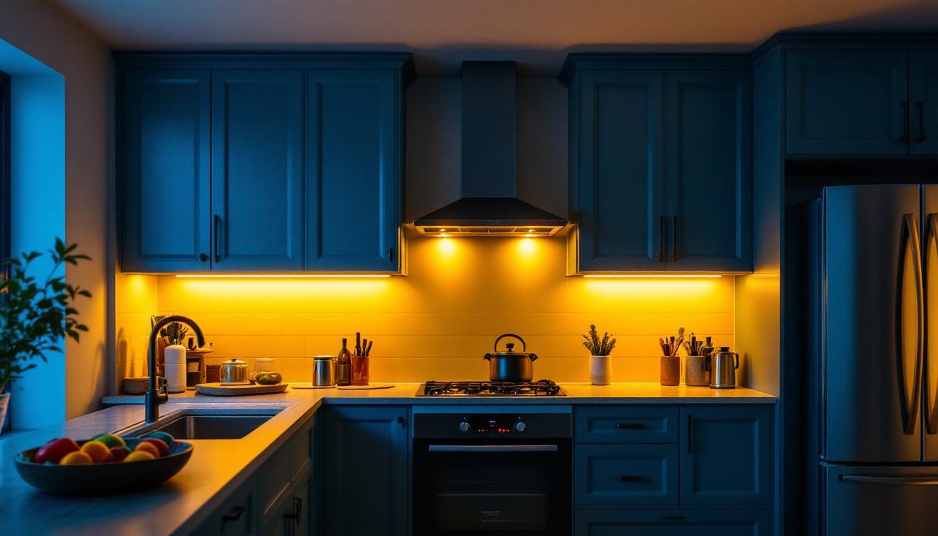 A photograph of a beautifully illuminated kitchen with led lights installed under the cupboards