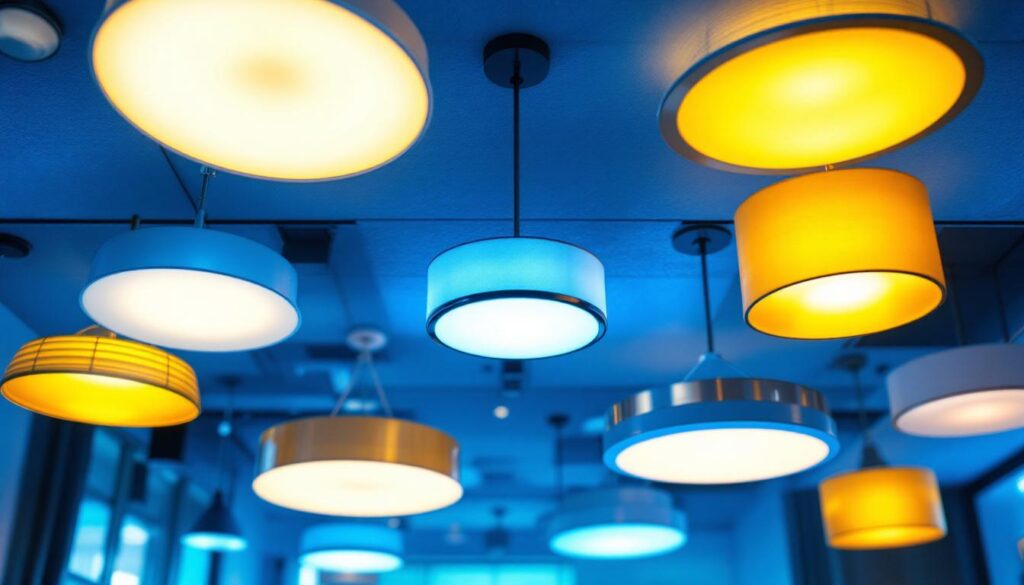 A photograph of a well-lit interior space showcasing various ceiling types of lighting fixtures