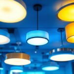 A photograph of a well-lit interior space showcasing various ceiling types of lighting fixtures