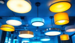 A photograph of a well-lit interior space showcasing various ceiling types of lighting fixtures