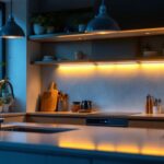 A photograph of a modern kitchen featuring stylish under counter halogen light fixtures illuminating the workspace