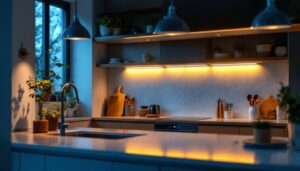 A photograph of a modern kitchen featuring stylish under counter halogen light fixtures illuminating the workspace