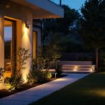 A photograph of a well-lit outdoor space showcasing various types of outdoor lighting installations