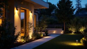A photograph of a well-lit outdoor space showcasing various types of outdoor lighting installations