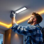 A photograph of a lighting contractor expertly installing recessed slim lighting fixtures in a modern home setting