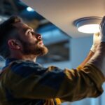 A photograph of a lighting contractor installing a leviton ceiling occupancy sensor in a modern commercial space