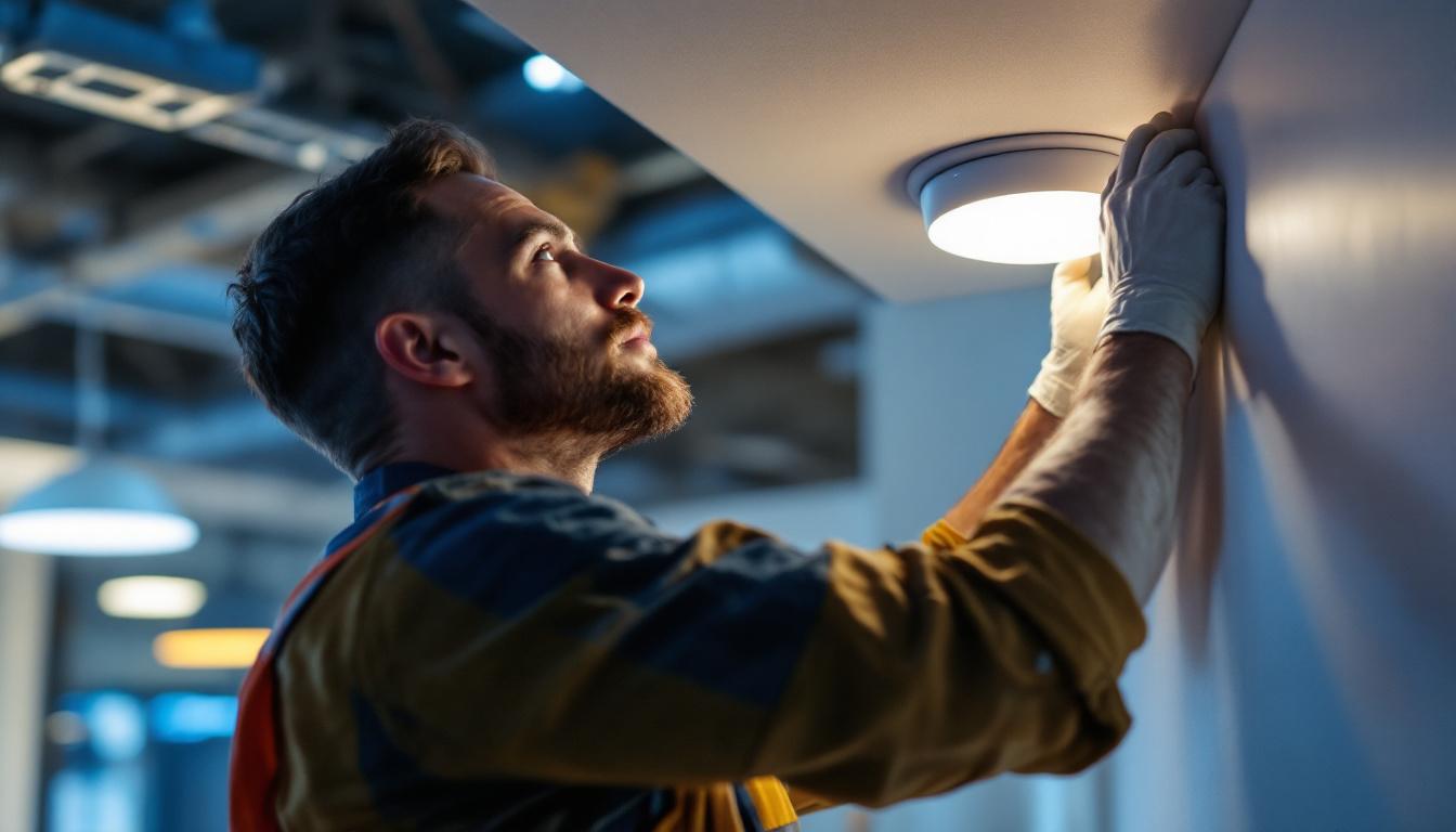 A photograph of a lighting contractor installing a leviton ceiling occupancy sensor in a modern commercial space
