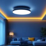 A photograph of a stylish led flush mount ceiling light fixture installed in a modern living space