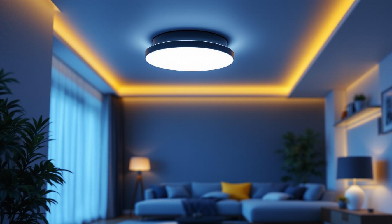 A photograph of a stylish led flush mount ceiling light fixture installed in a modern living space