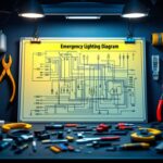 A photograph of a well-organized emergency lighting wiring diagram displayed on a workbench