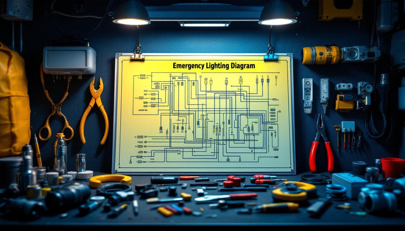 A photograph of a well-organized emergency lighting wiring diagram displayed on a workbench