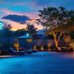 A photograph of a beautifully illuminated outdoor space at dusk