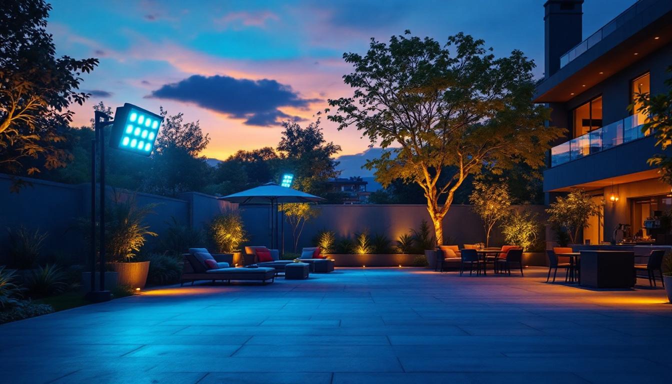 A photograph of a beautifully illuminated outdoor space at dusk