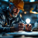A photograph of a lighting contractor examining a sylvania lamp in a well-lit workspace