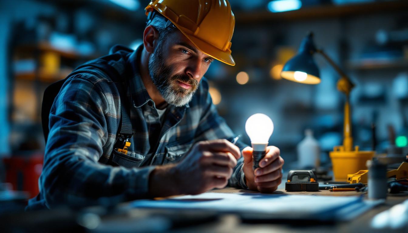A photograph of a lighting contractor examining a sylvania lamp in a well-lit workspace