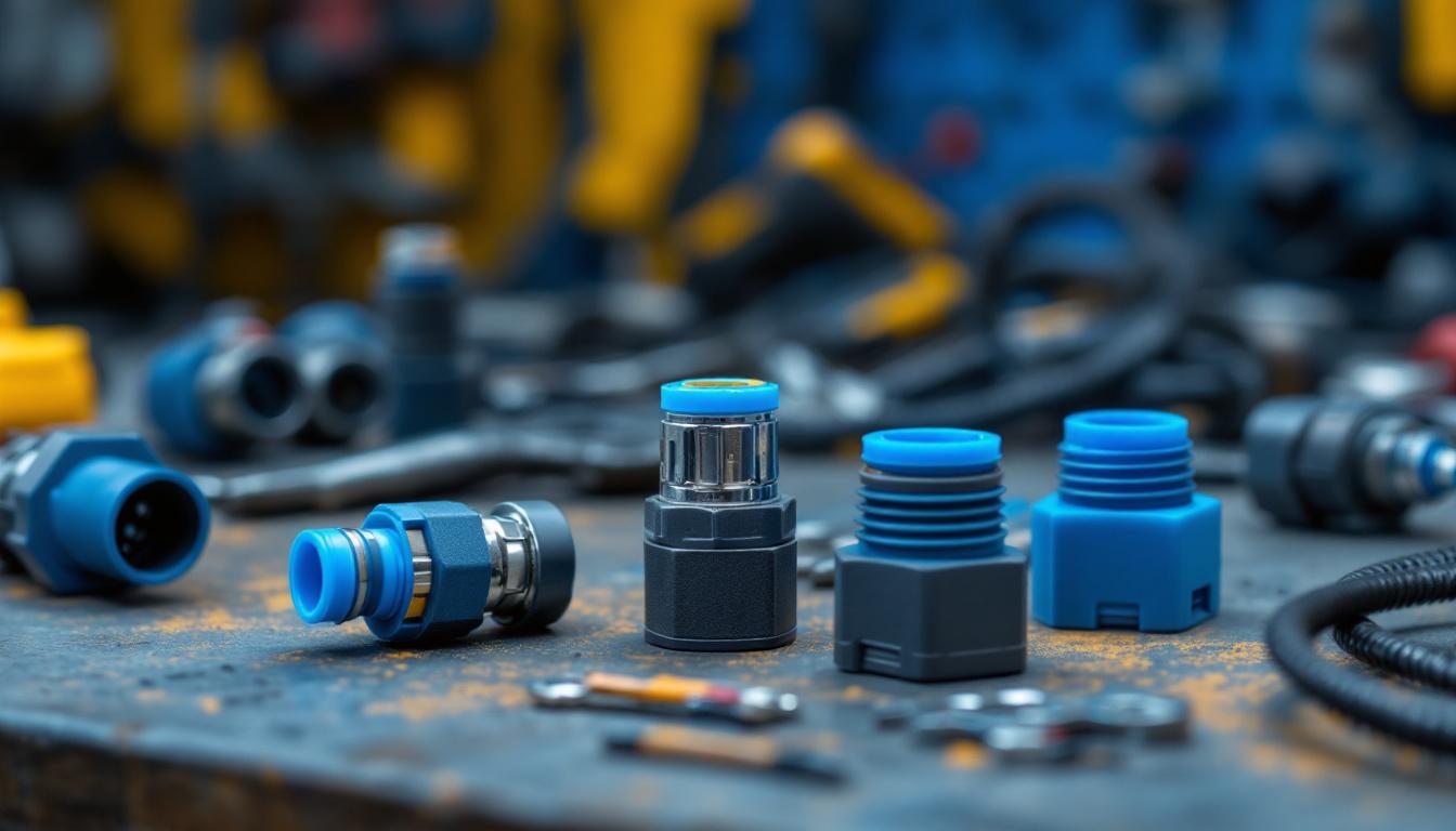 A photograph of a close-up shot of various waterproof automotive wire connectors arranged on a workbench