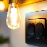 A photograph of a close-up of a black rocker switch installed in a stylish lighting fixture