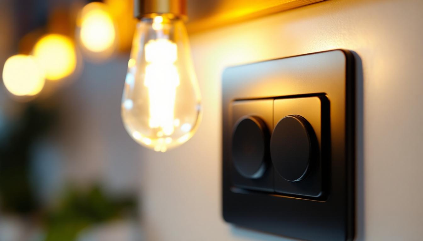 A photograph of a close-up of a black rocker switch installed in a stylish lighting fixture