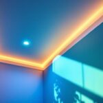 A photograph of a beautifully designed room featuring recessed lighting installed on an angled ceiling