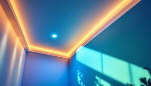 A photograph of a beautifully designed room featuring recessed lighting installed on an angled ceiling