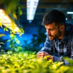 A photograph of a lighting contractor examining a vibrant indoor garden illuminated by grow lights
