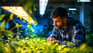 A photograph of a lighting contractor examining a vibrant indoor garden illuminated by grow lights