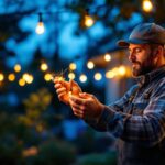 A photograph of a lighting contractor expertly installing or showcasing a 100-foot light string in an outdoor setting