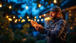 A photograph of a lighting contractor expertly installing or showcasing a 100-foot light string in an outdoor setting