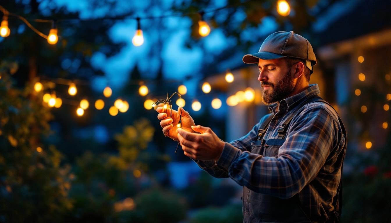 A photograph of a lighting contractor expertly installing or showcasing a 100-foot light string in an outdoor setting