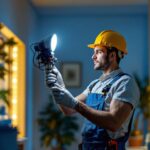 A photograph of a lighting contractor at work