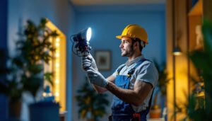 A photograph of a lighting contractor at work